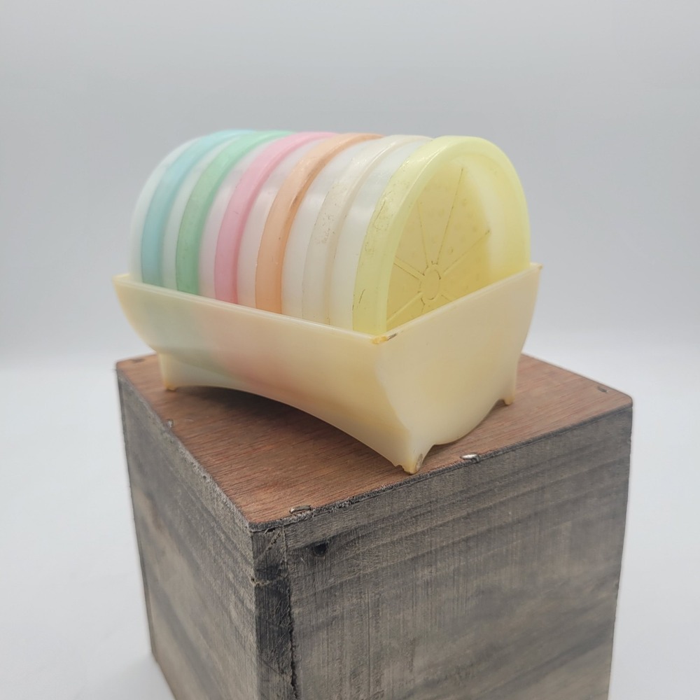 Vintage Tupperware Pastel Wagon Wheel Coaster (567) Set of 18 with Caddy (566)